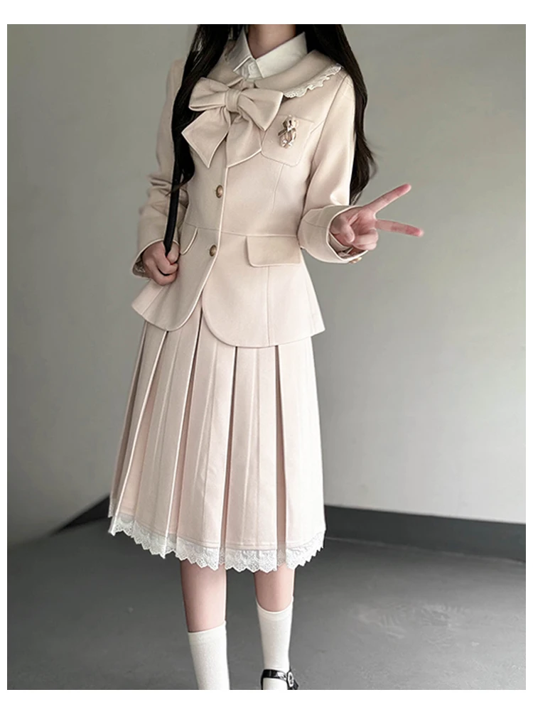 2025 Autumn Winter New Hot Sale Off-White Bow Woolen Lapel Blazer High-Waisted Lace Skirt College Style JK Uniform Set