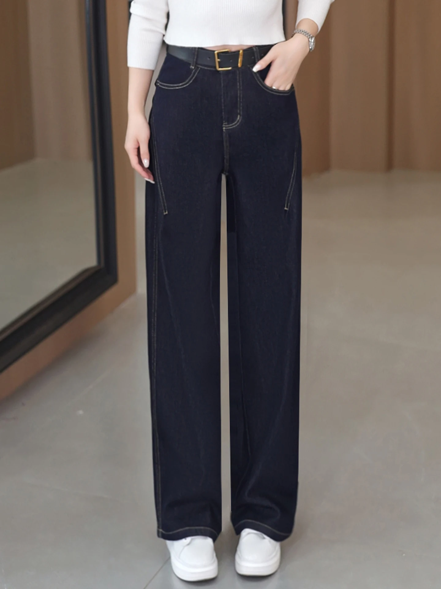 

High Waist Wide Leg Denim Blue Jeans Women's Spring Autumn Slimming Retro Knife Casual Comfortable Breathable Jeans