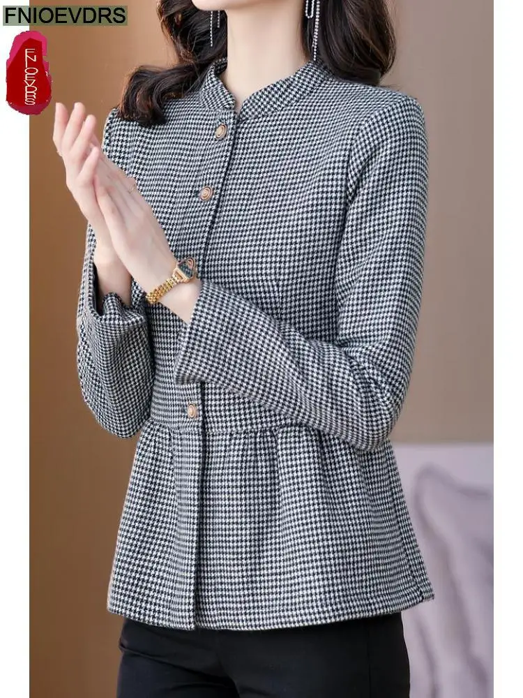 S-2XL 2023 Women Autumn Casual Slim Tunic Peplum Tops And Blouses Outer Wear Elegant Office Lady Work Button Plaid Shirts