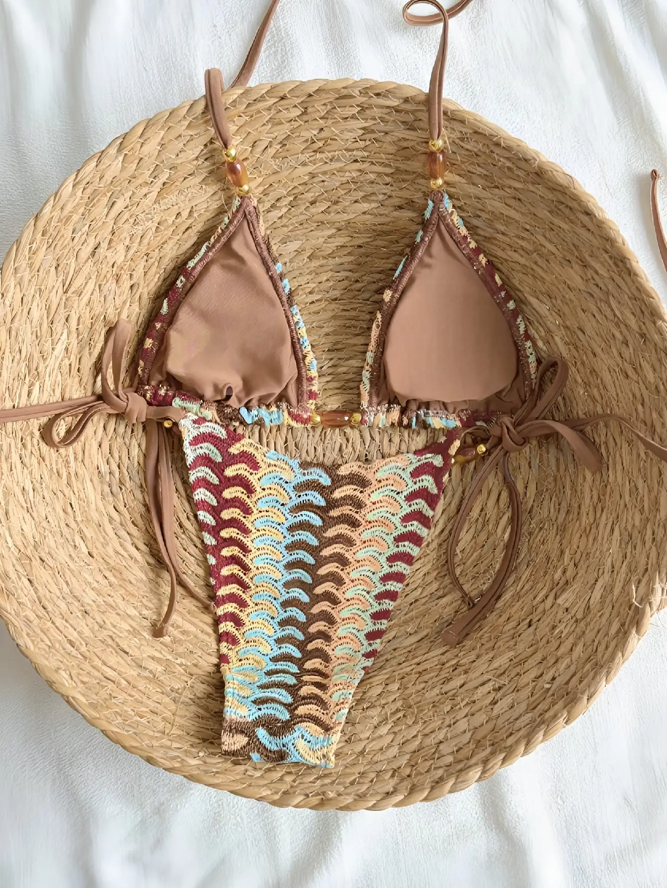 Boho Crochet Beaded Bikini Set Women Halter Triangle Side Tie Two‑Piece Swimwear Beach Bathing Suit