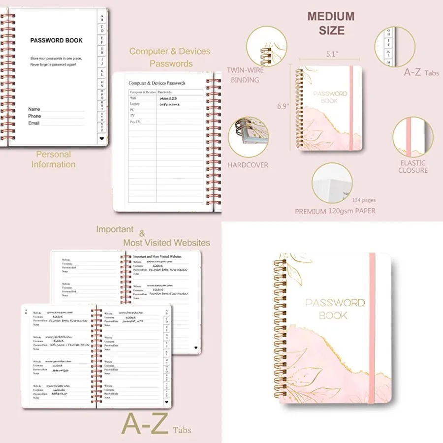 

Password Book with Alphabetical Tabs - Spiral Password Notebook for Internet Computer Login, Recording Website, Usernames, Pass