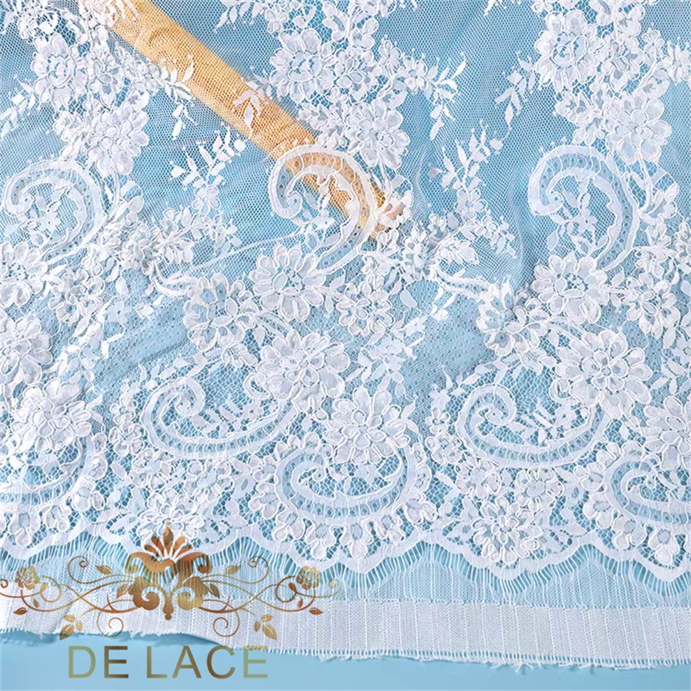 Premium Quality Corded Embroidered Lace Soft French Chantilly Eyelash Fabric With Cords Wedding Dress Lace Fabric