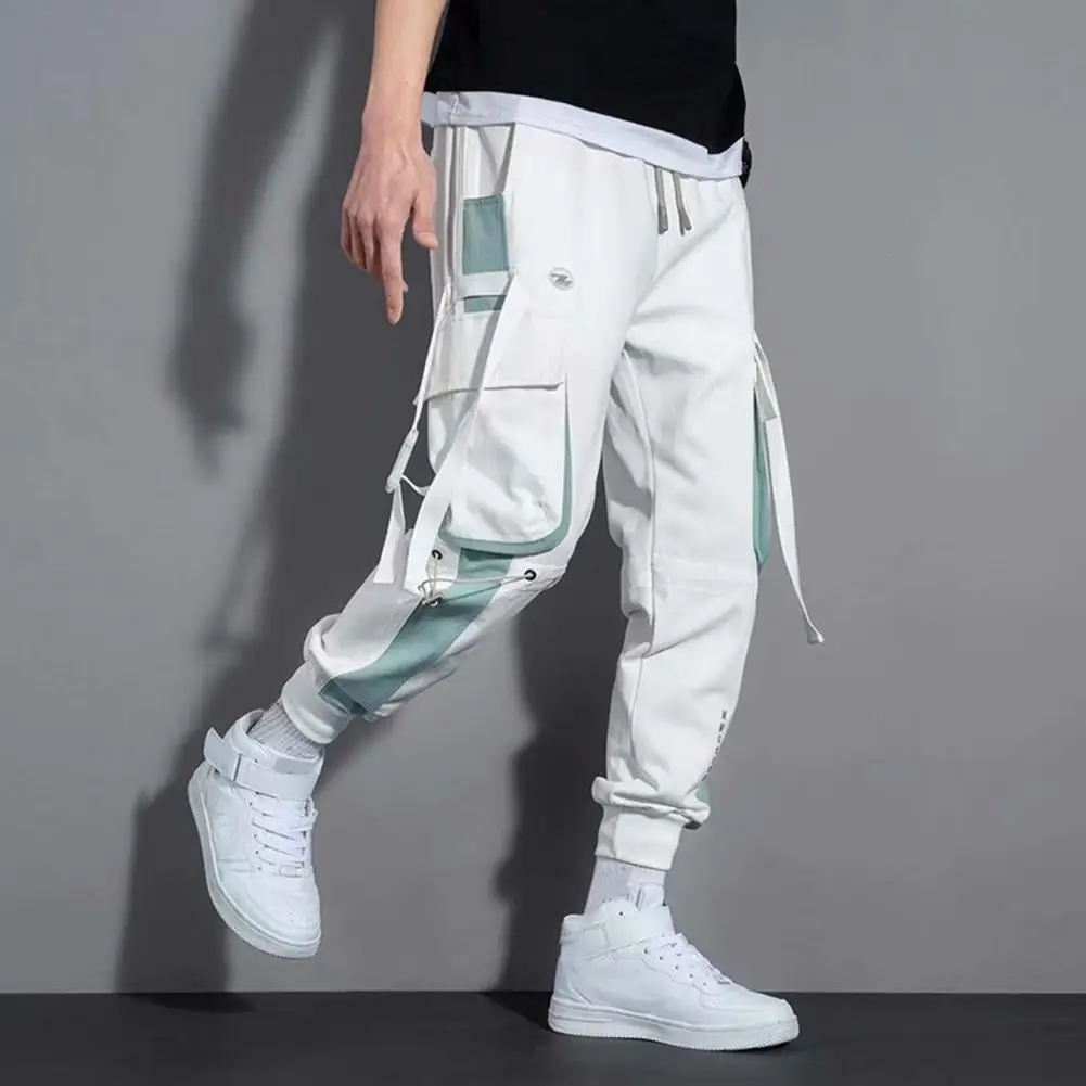 Men Pants Hop Streetwear Cargo Pants with Strap Decor Multi Pockets Elastic Waist for Men Stylish Outdoor Trousers Men Pants