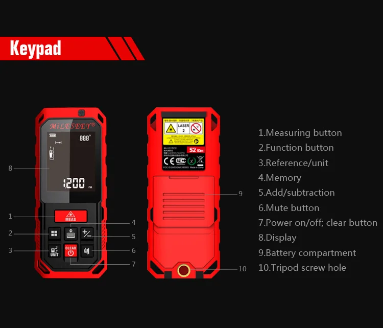 Mileseey 50M 70M 100M 120M Rechargeable Laser Rangefinder New Laser Distance Meter Laser Measure Angle Tools Diastimeter Red