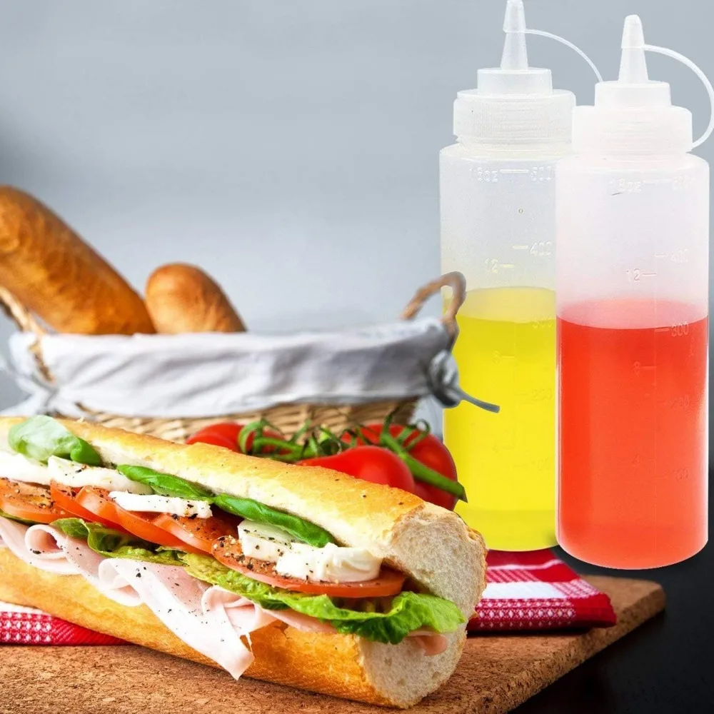 Plastic Condiment Squeeze Bottle Dispenser for Sauce,Vinegar Oil Ketchup Mustard Mayo Olive Oil,with Twist on Cap & Measurement