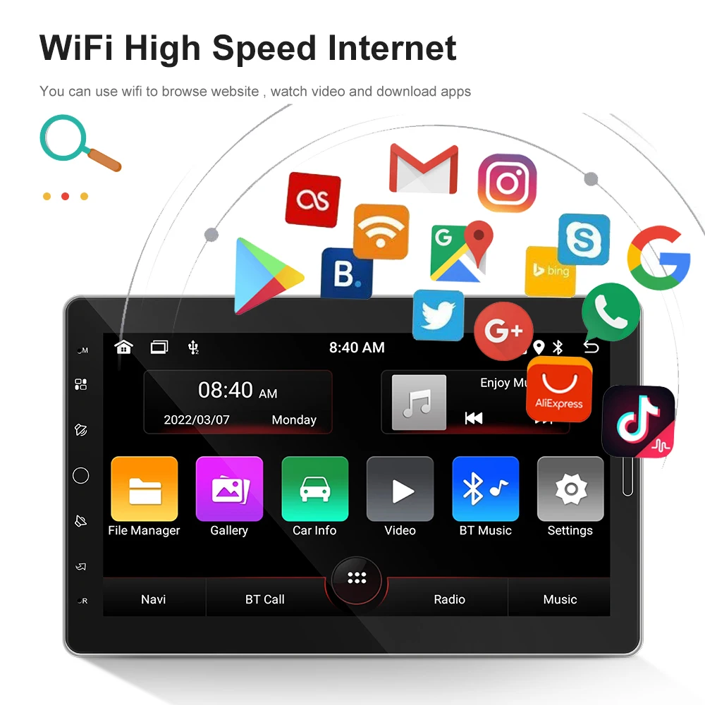 Podofo 1Din 10inch Car GPS Radio Stereo Player Universal Android Car Multimedia Player Carplay Android auto WIFI Bluetooth FM