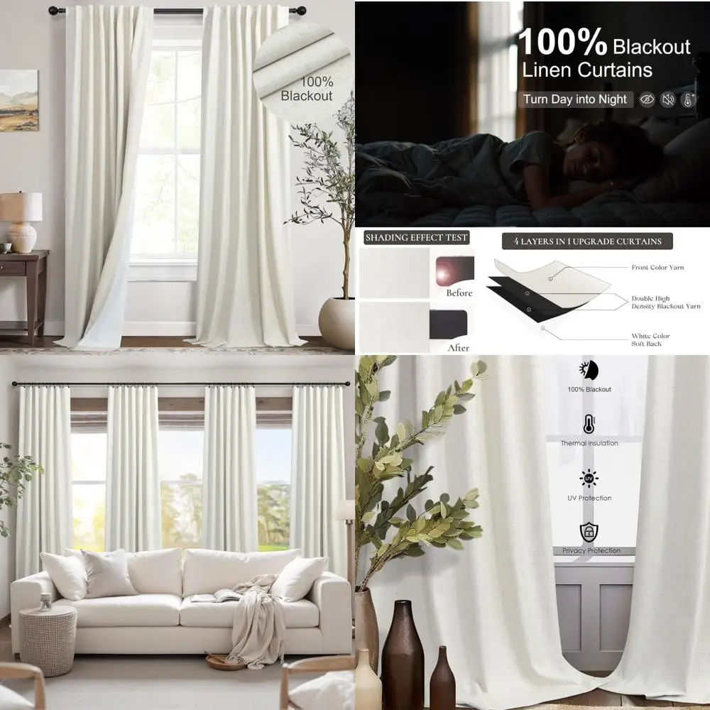 

84-дюймовые плотные шторы из натурального льна, комплект из 2 панелей для спален и гостиных, 100% блочная кремовая слоновая кость