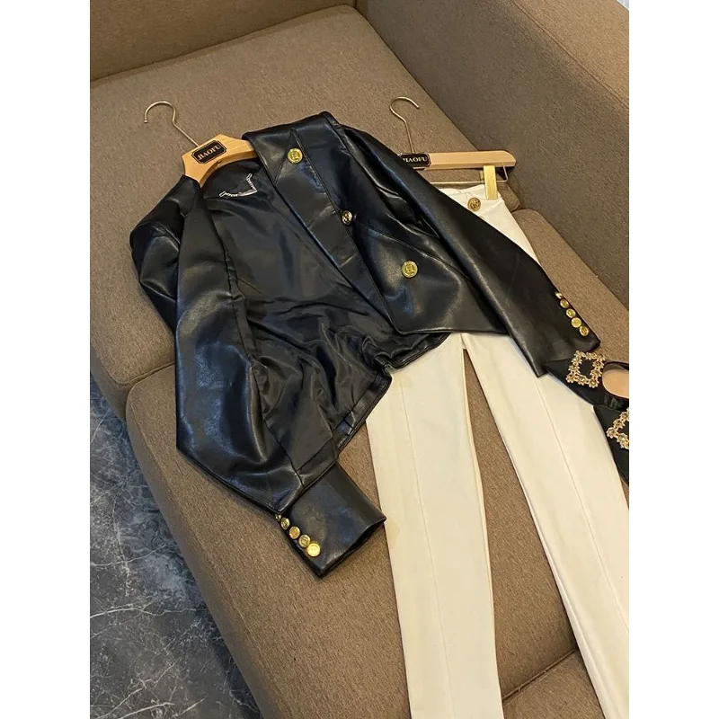 trendy Women's Clothing Faux Leather Coat Black Metal Double-breasted Slim No-wash Leather Suit Top Jacket Coat Women Jackets