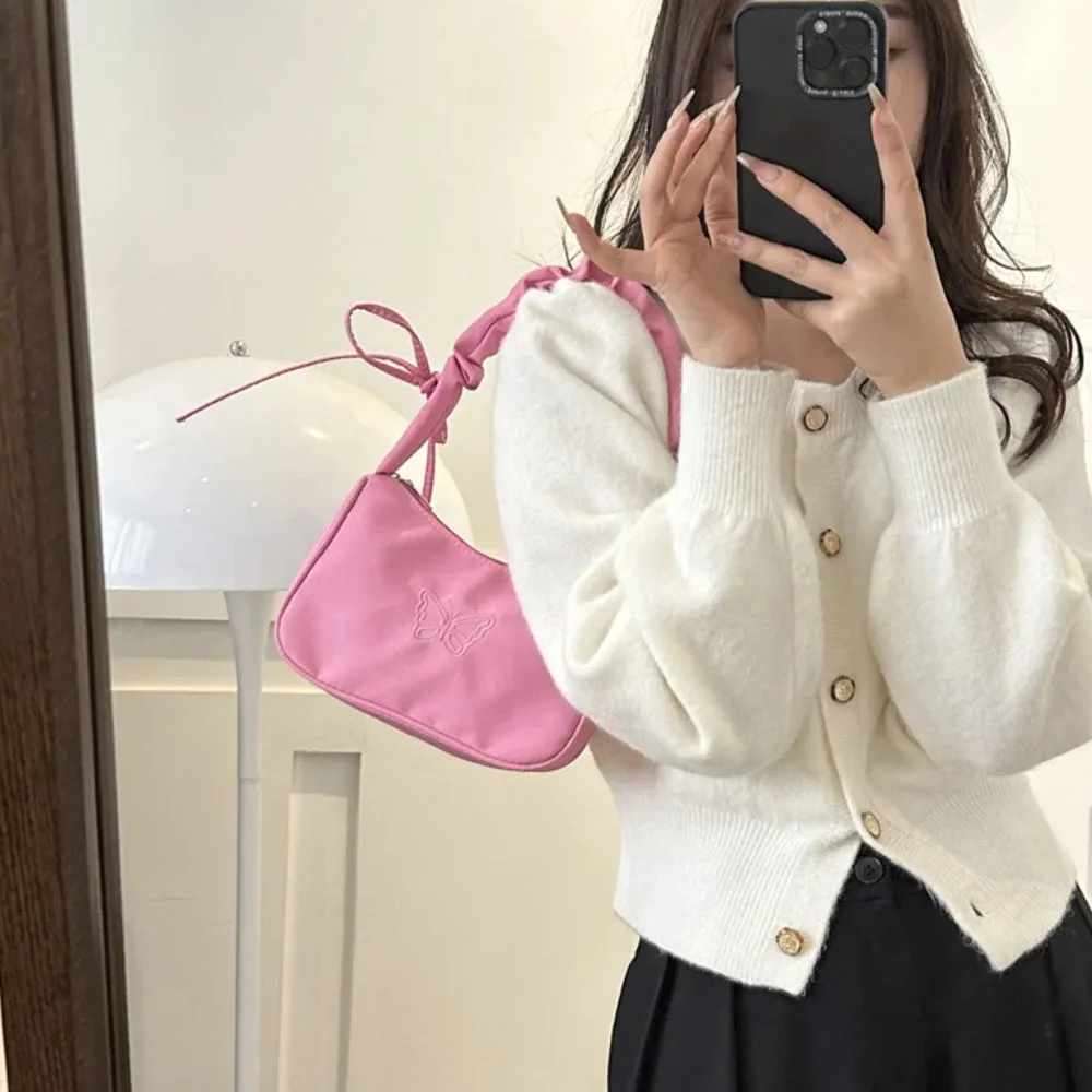 Trendy Women's Shoulder Bag Fashionable Nylon Underarm Bags Pleated Handbag with Unique Embroidered Butterfly Pattern