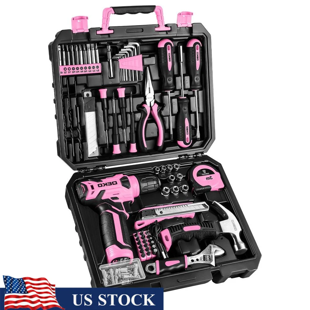 Cordless Drill Set 8V Pink Alloy Steel Home Tool Kit 126 Piece Women Hand Tool Kits Drill Combo Kit Mini Drill Set Led Light