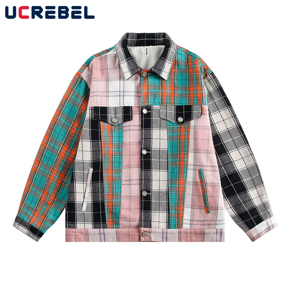 

Plaid Spliced Jacket Mens Retro High Street Autumn Pocket Lapel Single Breasted Long Sleeve Outerwear Men