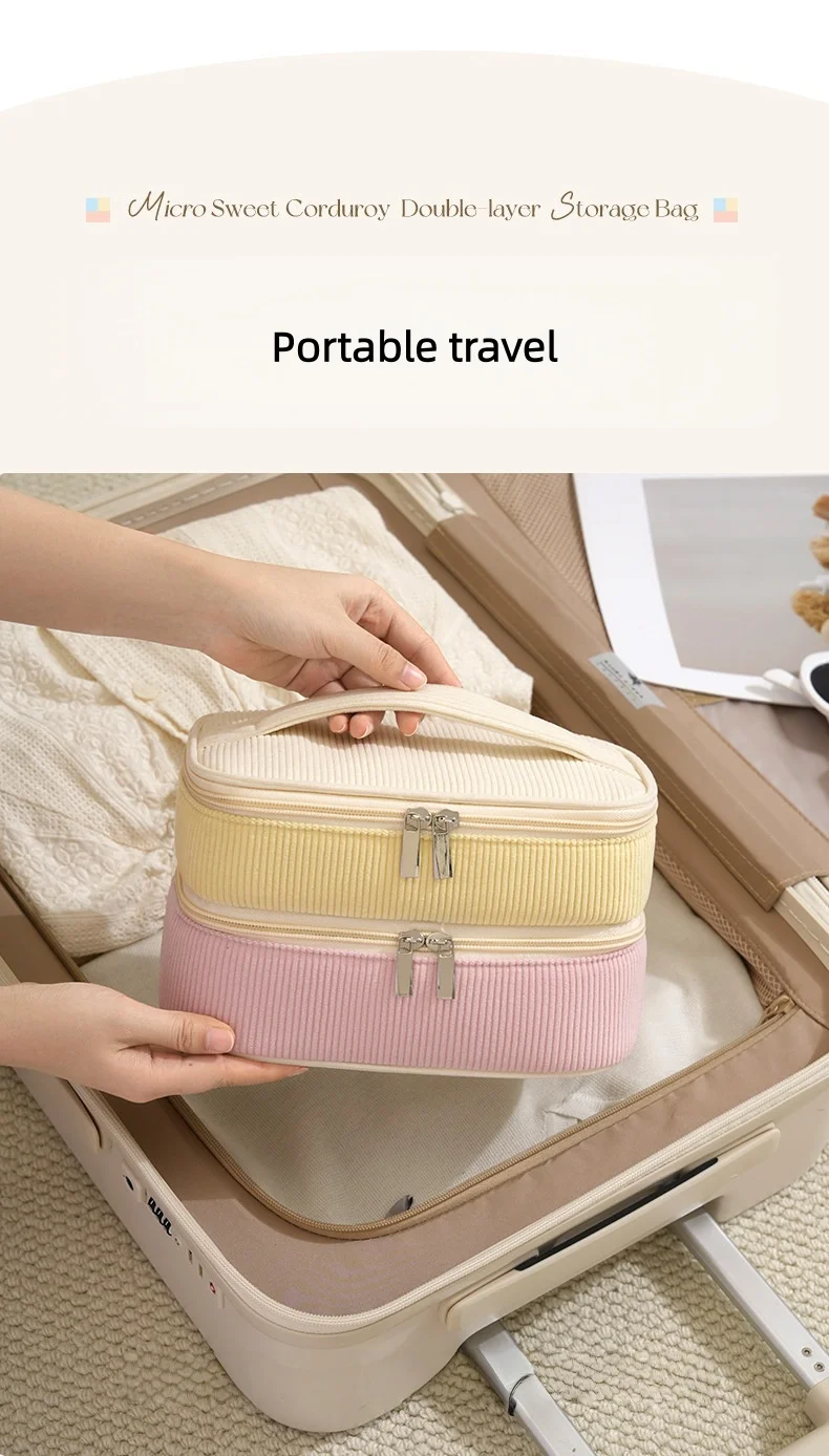 New Flannel Double-Layer Makeup Bag Travel Portable Large Capacity Storage Bag PU Multi-Functional Cosmetic Organizer