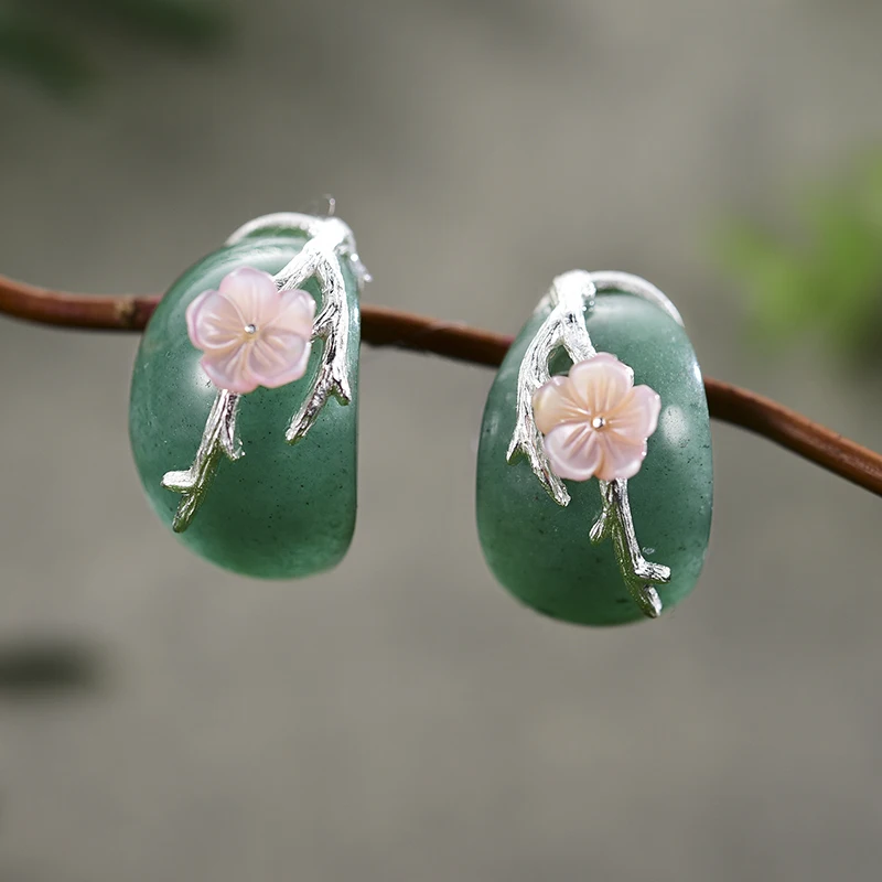 Lotus Fun Real 925 Sterling Silver Natural Aventurine Original Handmade Fine Jewelry Plum Flower Stud Earrings for Women