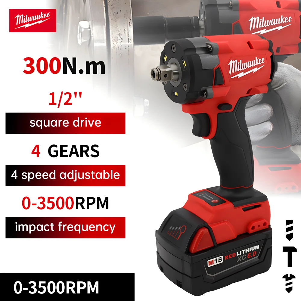Milwaukee Cordless Impact Wrench 300N.m Brushless Compact Electric Wrench Recharge 18V Battery For Car Tires Power Tools image 2