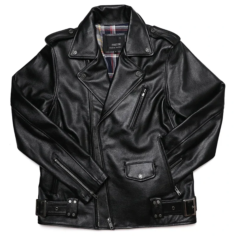 2025 New Motorcycle 100% Genuine Leather Jacket Men Natural Cowhide Oblique Zipper Jackets Slim Moto Biker Clothes Coat