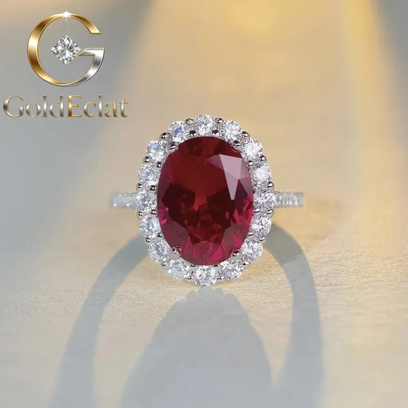 

GoldEclat Luxury Solid Platinum PT950 Women's Moissanite Diamond Ring Full Diamond Pigeon Egg Red Diamond Ring