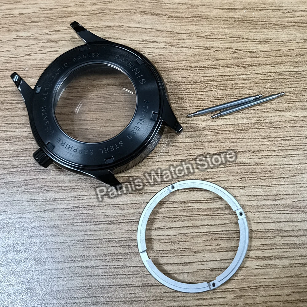 Parnis 44mm cristal de safira aço inoxidável 5ATM caixa de relógio de pulso adequada para movimento automático Japão NH35