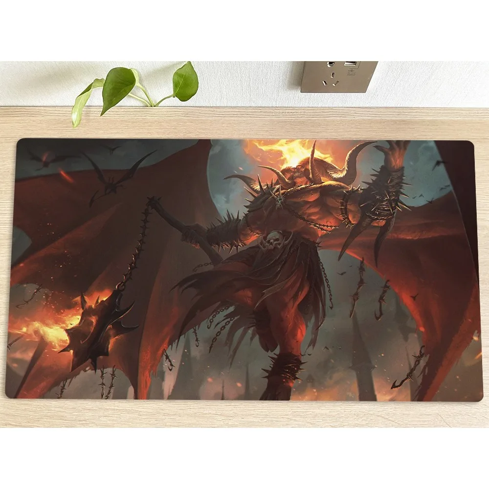 Fire Demon Warrior TCG Playmat Horned Winged Beast Flail Chain Dark Fantasy Art Premium Rubber Large Gaming Desk Mat Decor