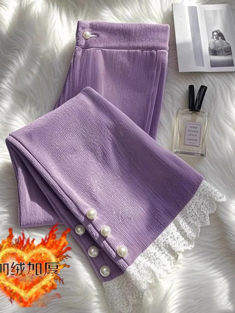 Autumn Winter New High Waisted Lace Patchwork Pearls Corduroy Purple Flare Pants Woman Design Sense Unique Design Trousers