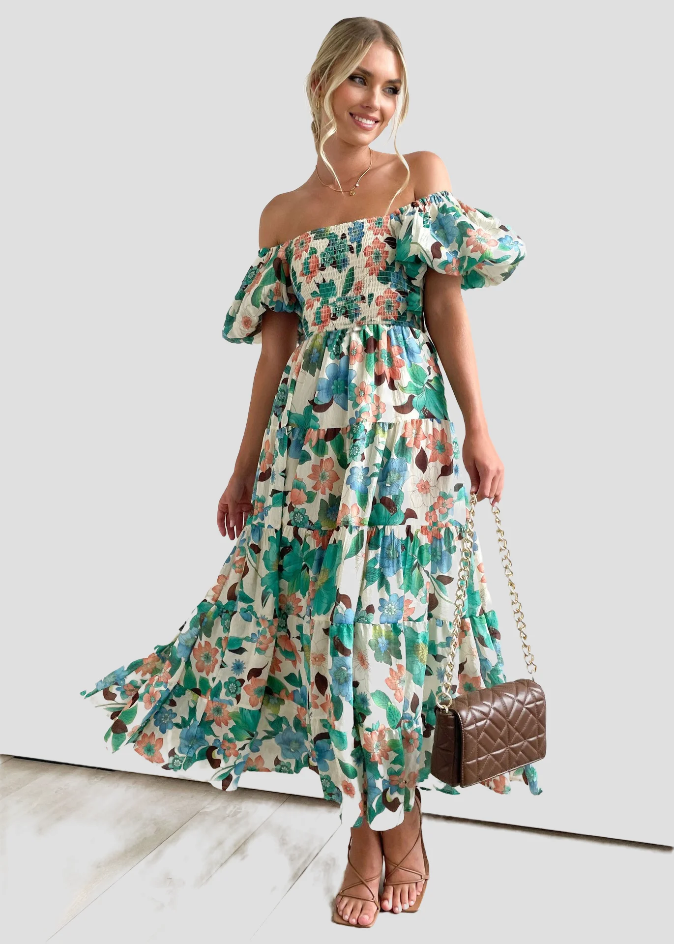 Summer Fashion Printed Dress Sexy Off-shoulder Lantern Sleeves High-waisted One-shoulder Ruffle Dress Fresh Girly Holiday Style