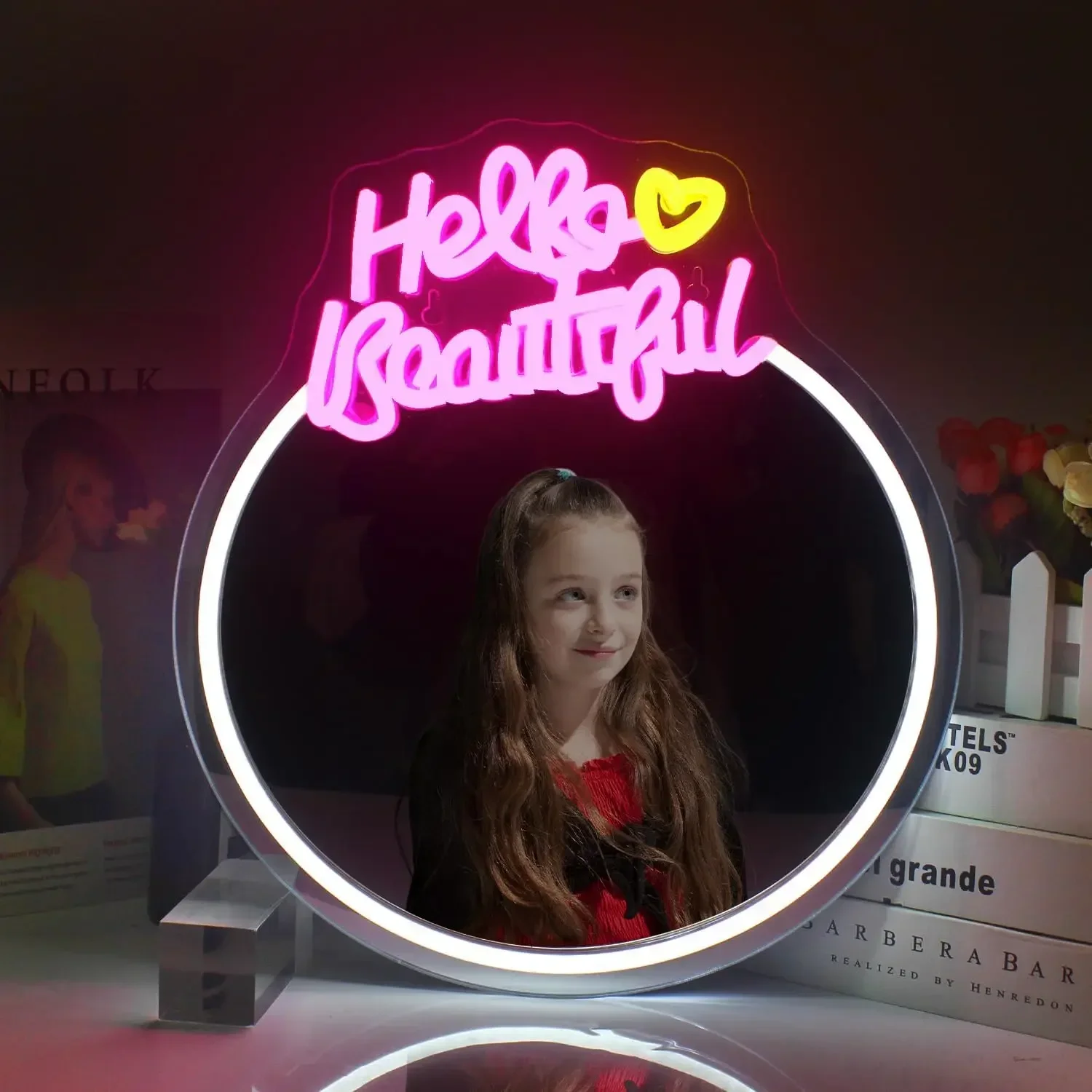 ハロービューティフル-ネオンミラーサイン-ハートled付き-寝室-化粧台-メイクルーム-デコレーションギフト-ledウォールアート-ピンク-ロマンチック照明