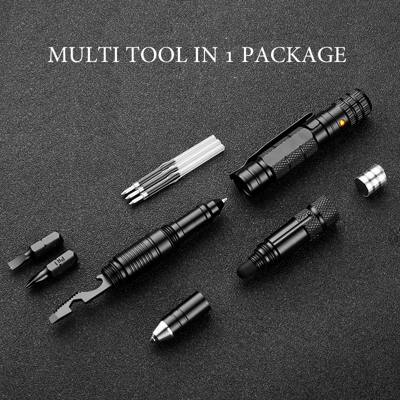 Multi Function Tactical Pen Outdoor Survival Self Rescue EDC Tool Emergency Flashlight Screwdriver Bottle Opener Window Breaker