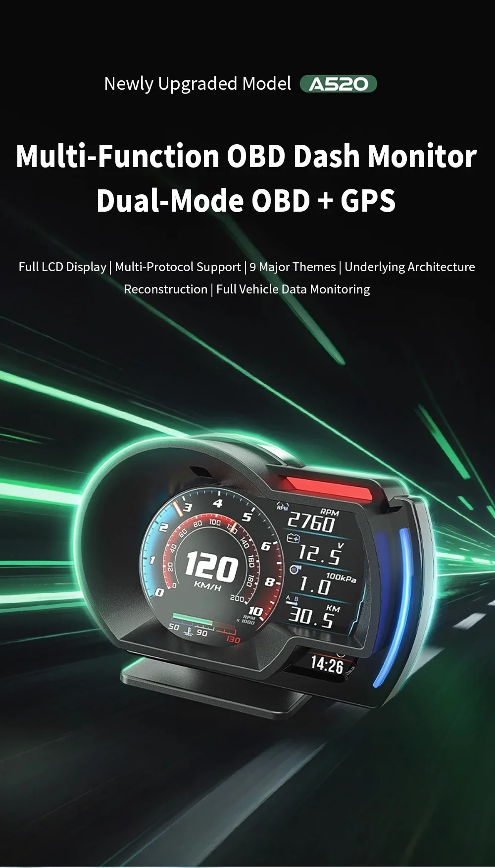 A520 OBD+GPS HUD Tachometer Wassertemperatur Drehzahlmesser Kraftstoffstand Digitaler Head-Up-Display Smart Gauge Geschwindigkeitswarnung Auto-Diagnosegerät – Detail 13