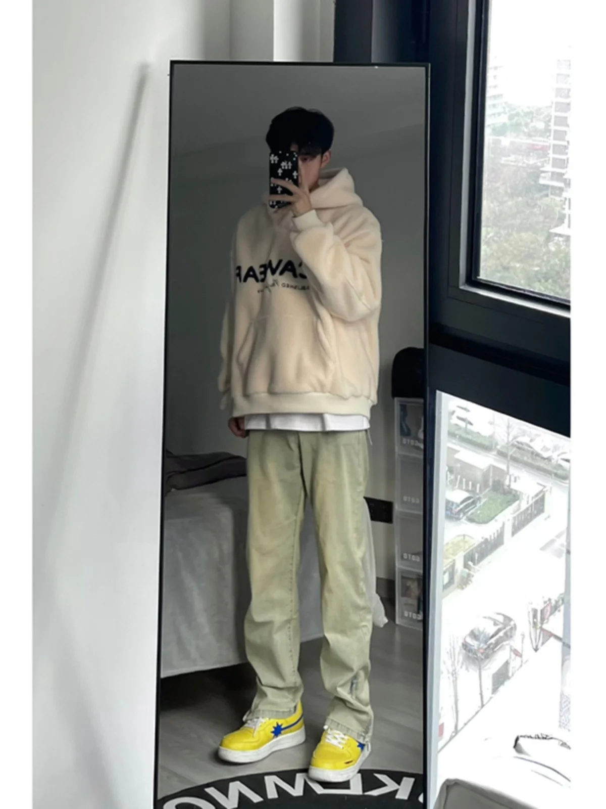 

American Retro Mud Color Men's Jeans High Street Design Loose Flared Pants Youth Trendy Long Trousers Cotton Polyester Blend