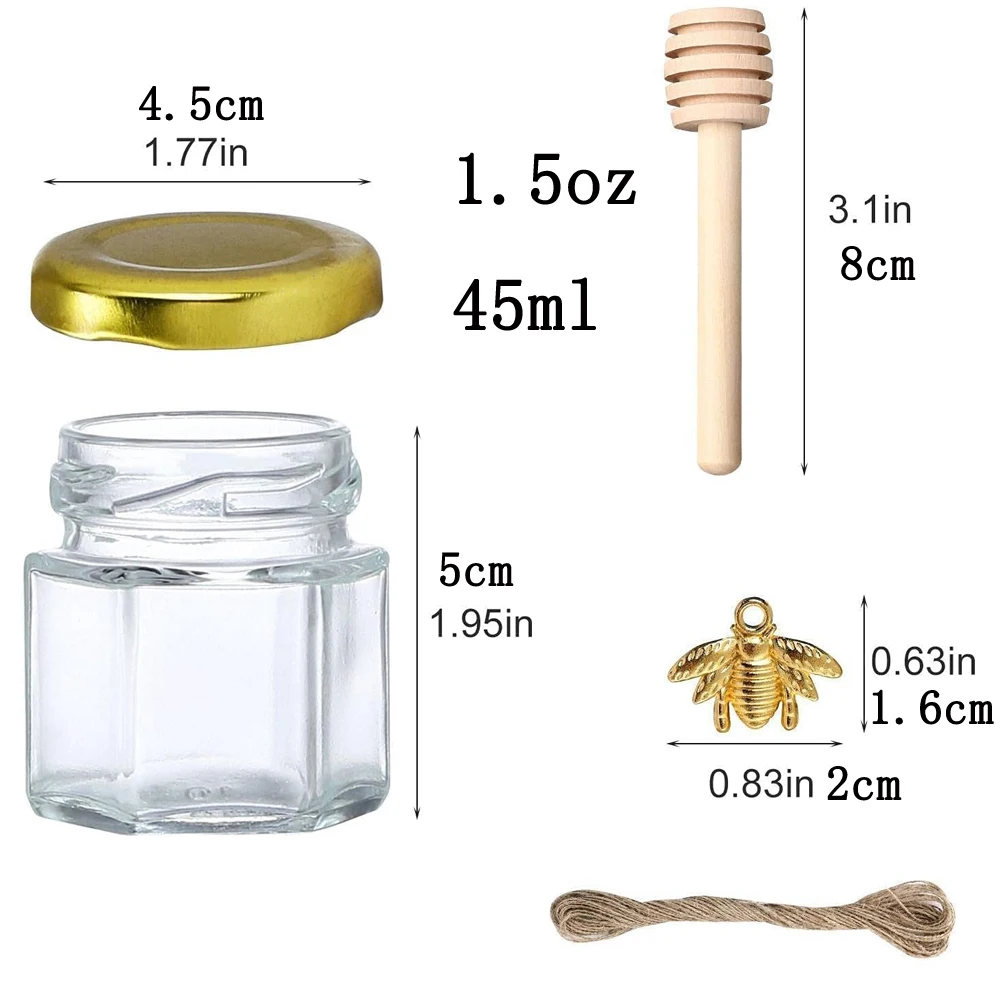1.5 oz Hexagon Mini Glass Honey Jars Honey Jars with Wood Dipper, Gold Lid, Bee Pendants, Jutes - for Baby Shower, Wedding