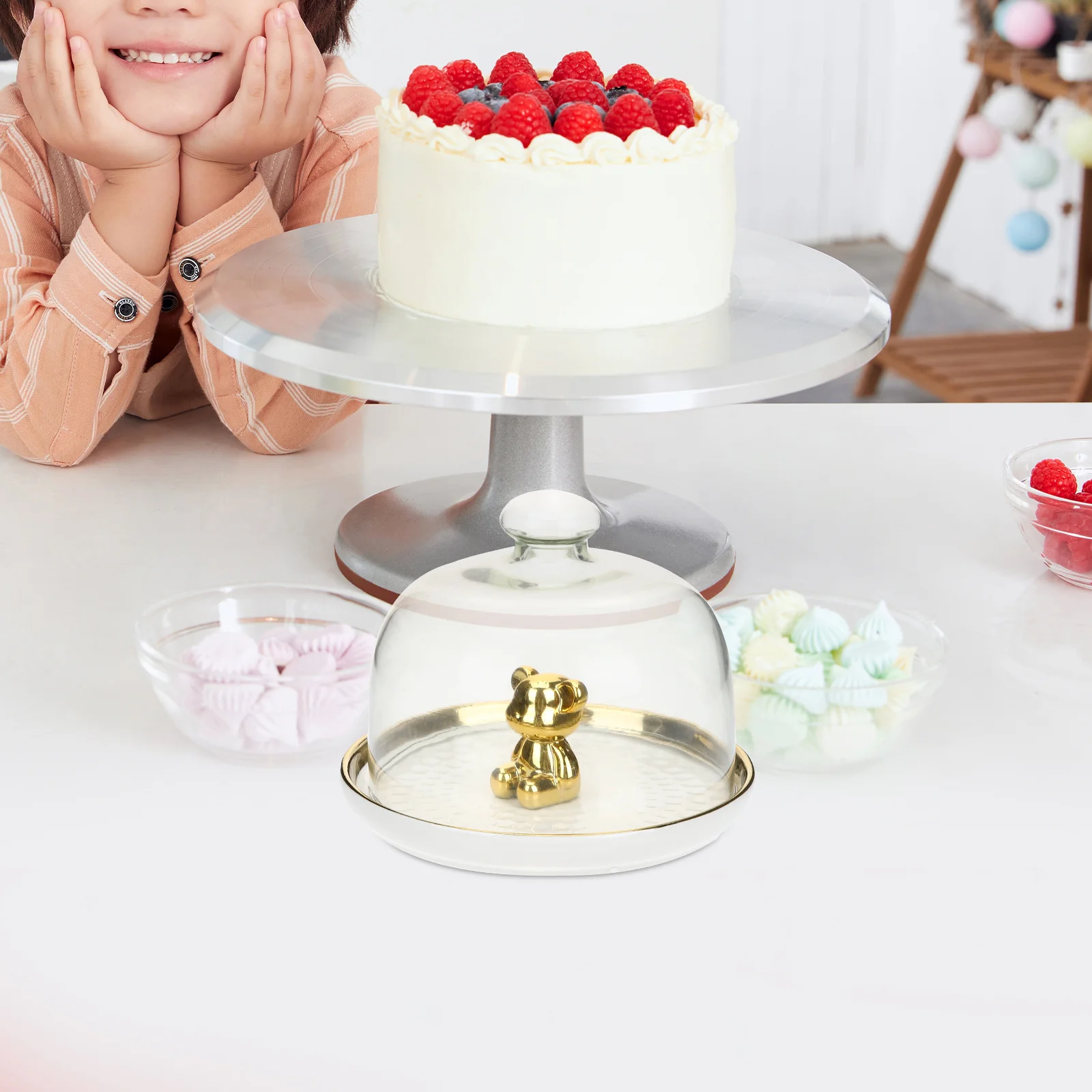 

Ceramic Cake Stand with Glass Dome Transparent Design Keeps Food Fresh and Clean Multi-Functional 1Set Table Stands for Display