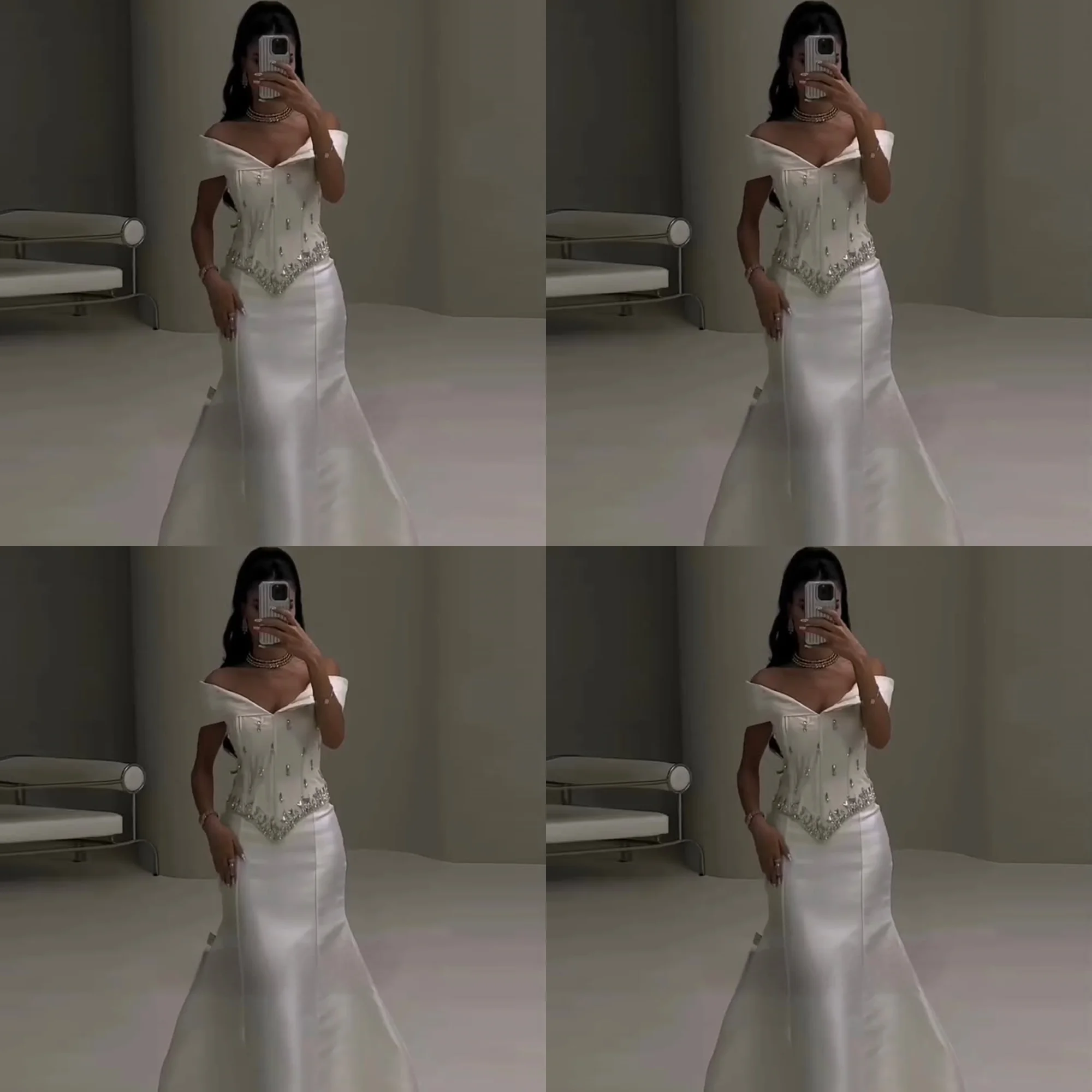 Vestido de noche largo hasta el suelo, plisado, con hombros descubiertos, con cuentas de cristal, vestido saudí sin espalda de satén con corte personalizado