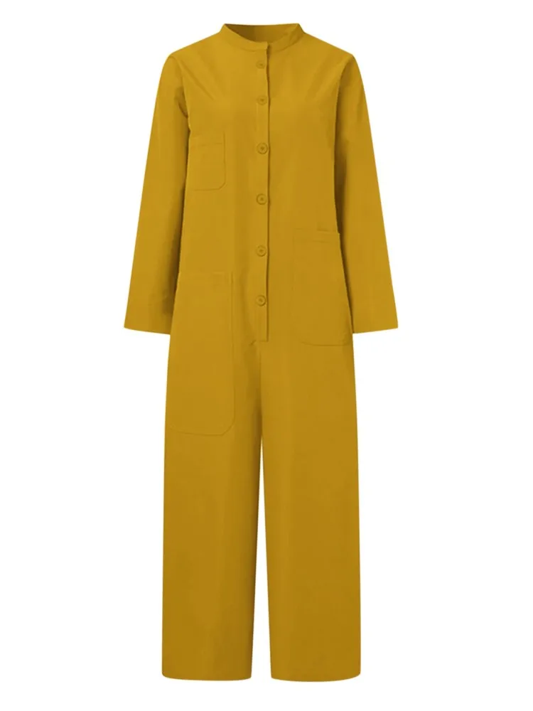 

New Solid Color Casual Loose Pocket Jumpsuit Women Spring Long Sleeve Shirt Female Vacation Rompers Fashionable Streetwear