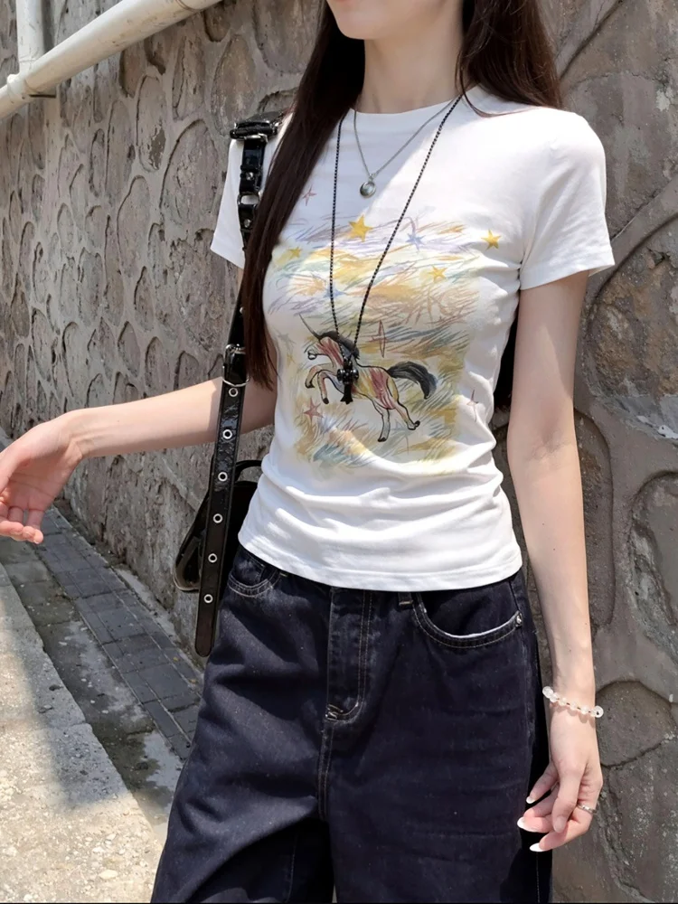 Summer Short Sleeve T-Shirt Women's Slim Fit Printed Shoulder High Waist American Style Spicy Girl Short Top Commute Style