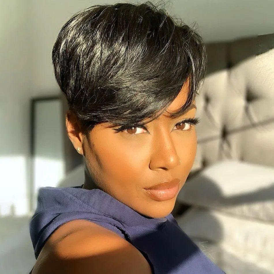 Kurze Pixie-Cut-Perücke aus Echthaar für Frauen, maschinell gefertigte Perücken mit Pony, brasilianische Echthaarperücken, günstige Pixie-Cut-Perücken im Angebot – Detail 5