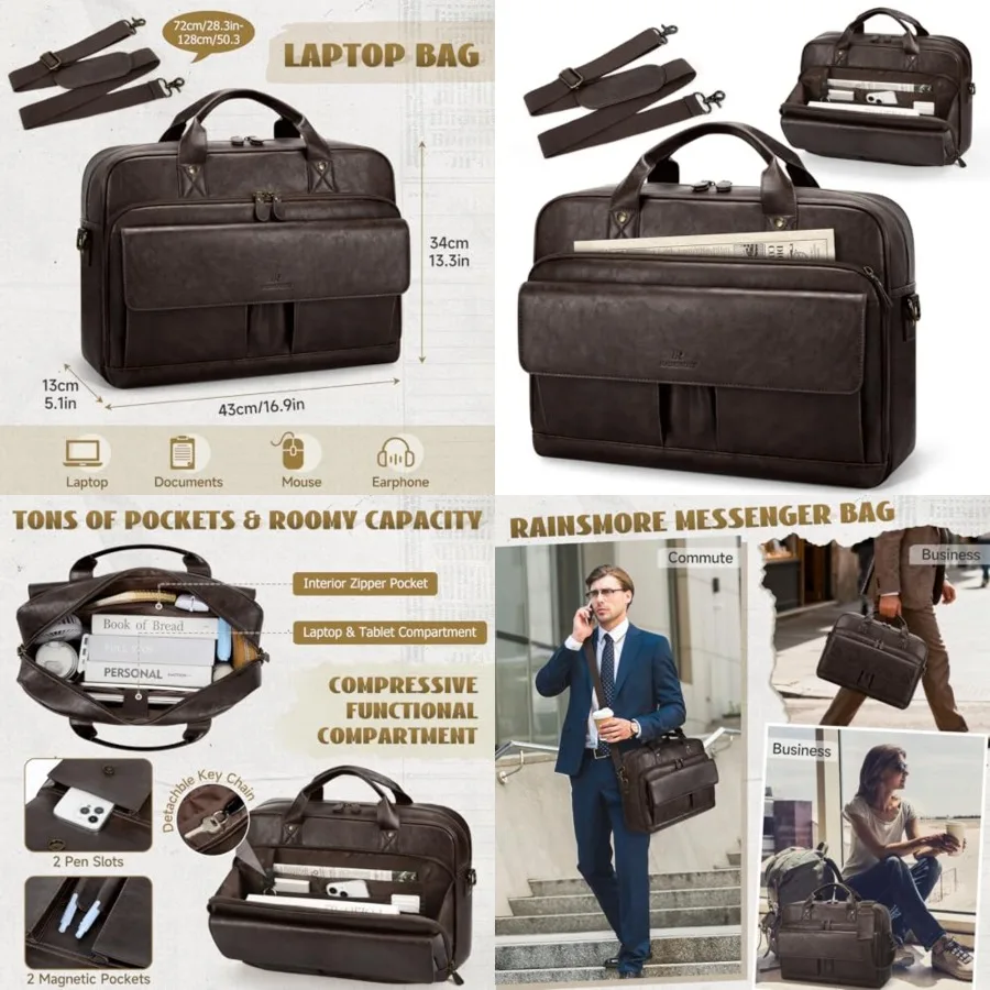 

Mens Laptop Bag PU Leather Messenger Bag 15.6 Inch Briefcase Vintage Computer Satchel Bag for Work Business