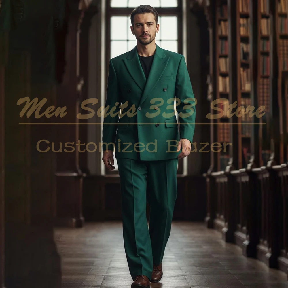 

Luxury Green Men's Suits Formal Double Breasted Peak Lapel Wedding 2 Piece Jacket Pants Full Sets Customzied Outfits Terno