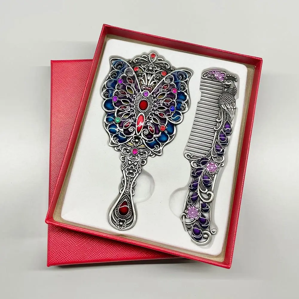 Peacock Open Screen Retro Small Mirror with Metal Handle Handheld Makeup Mirrors Comb Set Portable Vintage