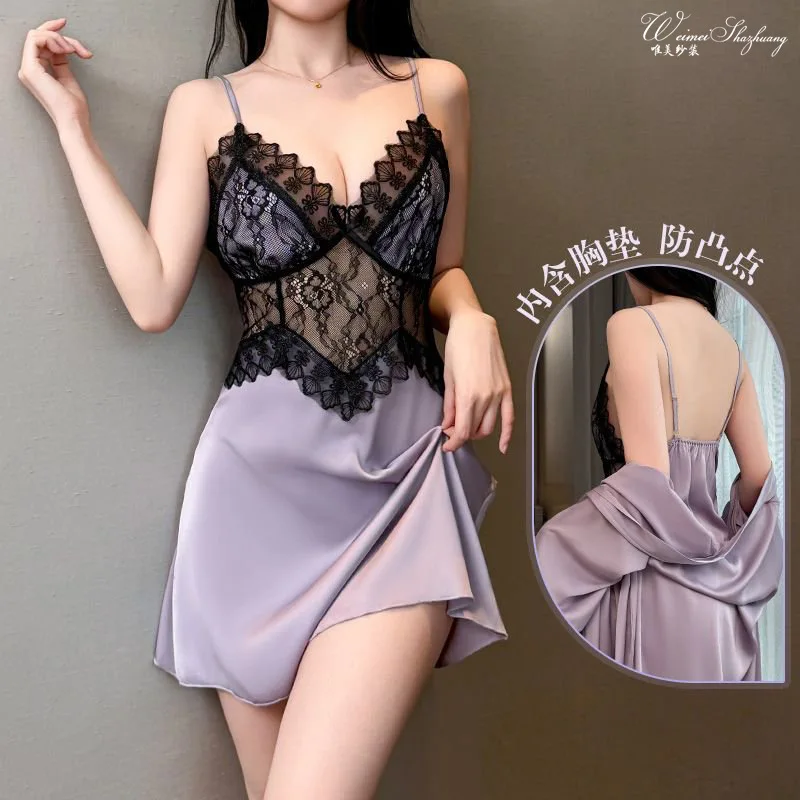 Beautiful lace seductive thin sexy nightdress with chest pad flower vine skin-penetrating waist lace hollow suspender nightdress