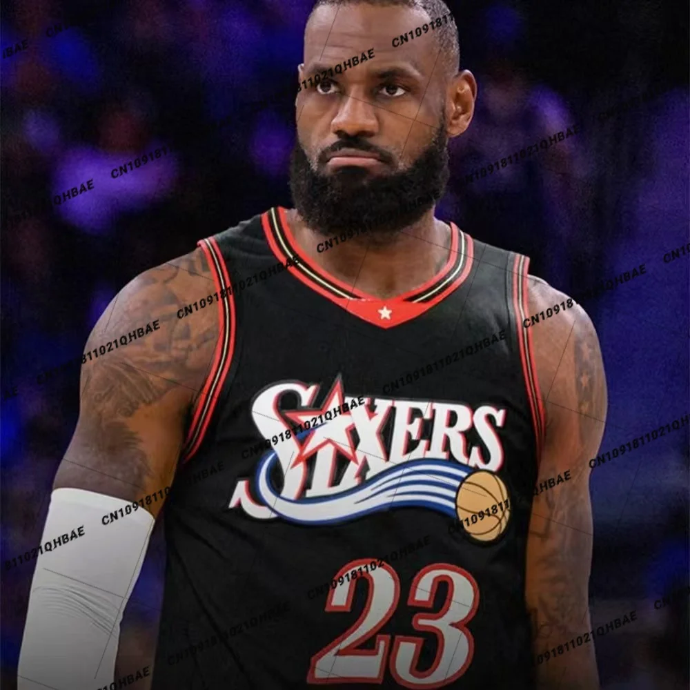 Image of USA 76 Neues Trendprodukt Kinder- und Erwachsenen-Basketball-Trikot Nr. 23 James Schwarzes Trikot Übergroßes Schnelltrocknendes Sport-Herren-Trikot