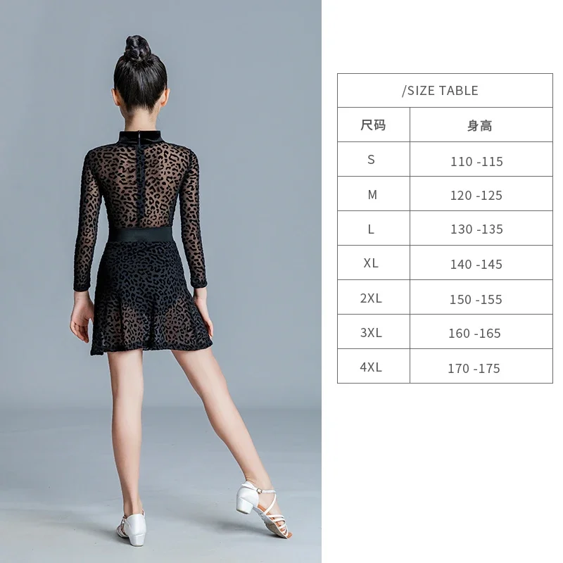 Costume jupe Rumba Chacha Tango, robe d'entraînement latine, nouveaux Costumes de danse latine pour enfants pour filles, noir à manches longues