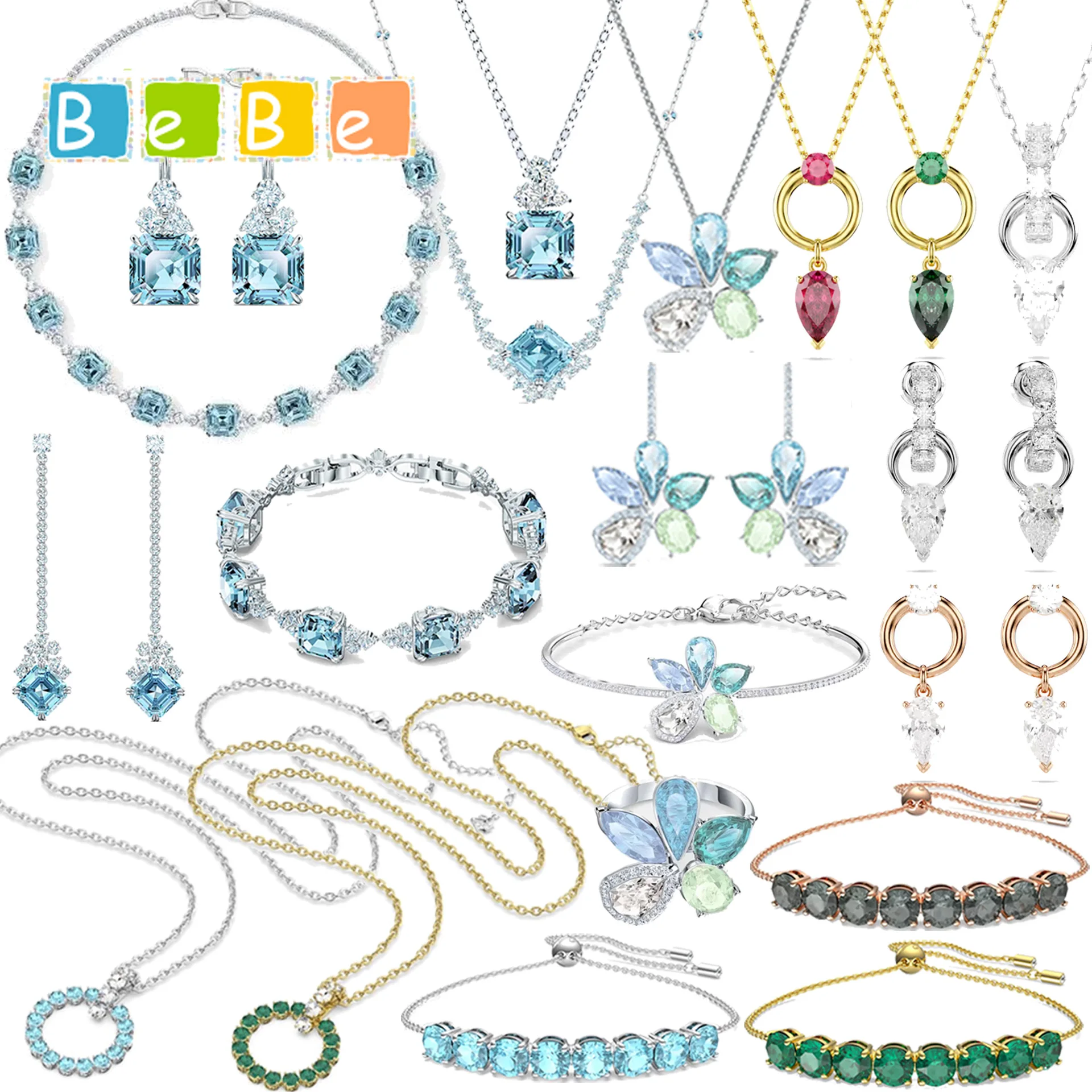 

2026 New Trend High Quality Fine Jewelry Set Charm Blue Ice Green Water Drop Crystal Fashion Necklace Bracelet Earring for Women