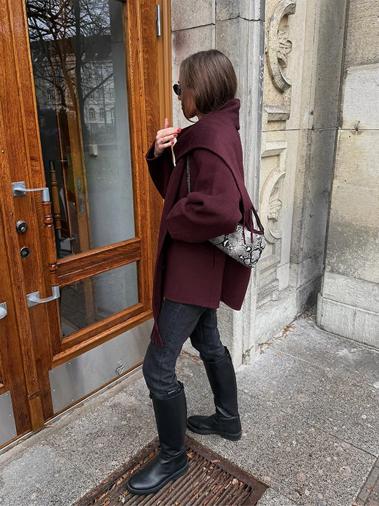 Classic Burgundy Scarf Collar Single Breasted Short Woolen Jacket Fashion Solid Color Full Sleeves Coat New Woman Commuter Wear