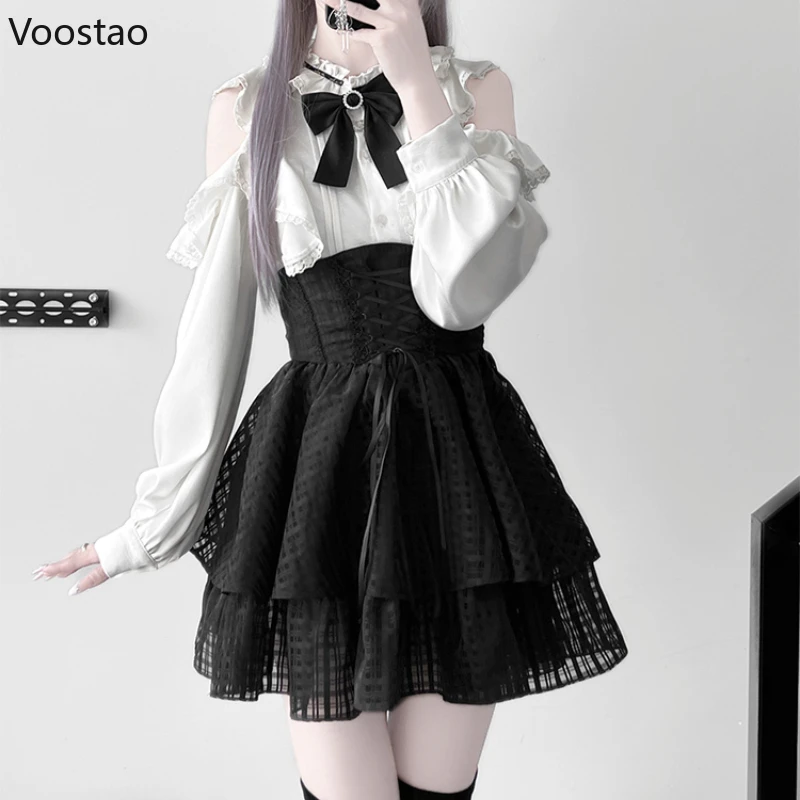 

Японский готический комплект юбки в стиле Лолиты Y2k, женская милая рубашка с открытыми плечами и длинным рукавом с бантом, мини-юбка-торт, женские элегантные наряды