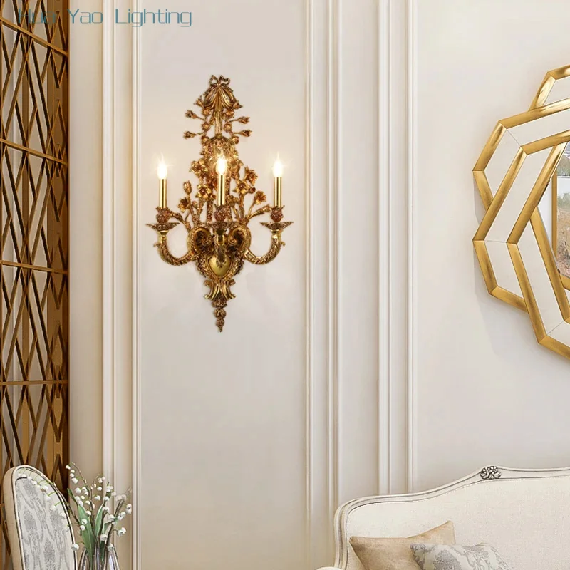French Baroque Brass Wall Lamp Bedroom Hotel Church Home Deco Luminaire European Copper Wall Light