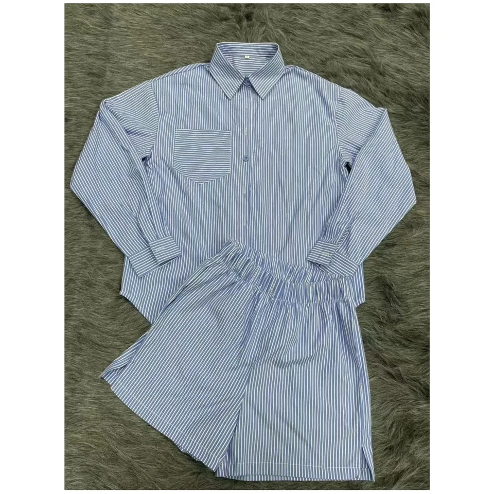

Fashion Striped Printed Shirt Long-sleeved Women's Shorts 2-piece Set New Summer Casual Loose Vacation Female Seaside Shorts Set