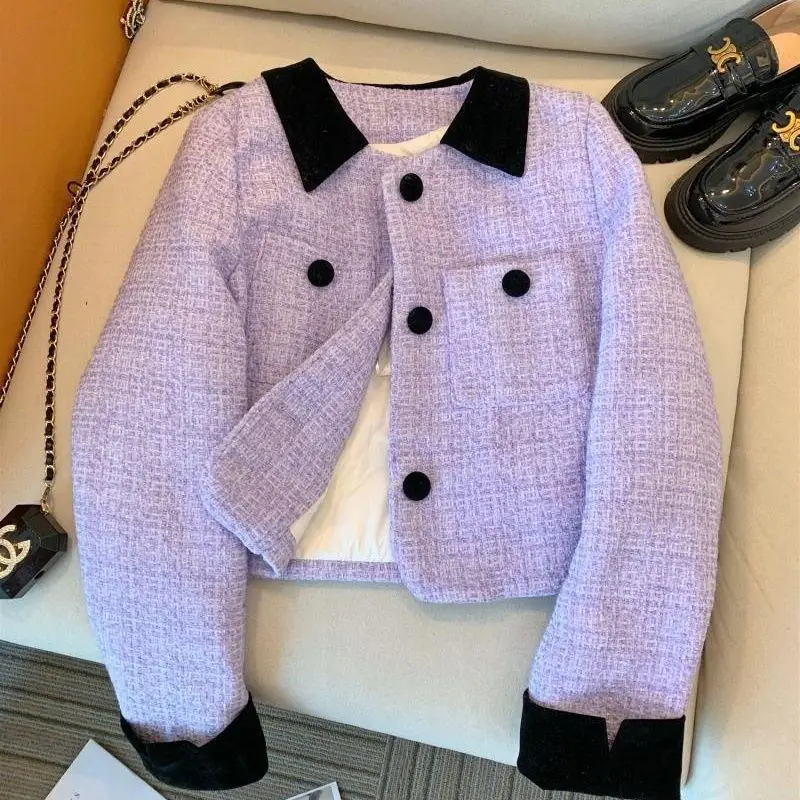 Women\'s Clothing Jacket Lavender lilac Purple Tweed Cardigan Coat 2024 Autumn Winter Chic Short Tops Korean Fashion Lady Outwear