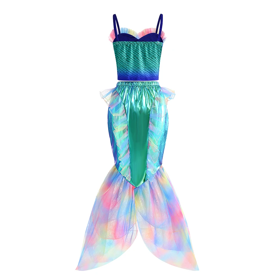 2024 NUOVO due pezzi sirena vestire top e gonna a coda ragazze spalle scoperte abito da principessa Ariel gioco di ruolo bambini abbigliamento di Halloween