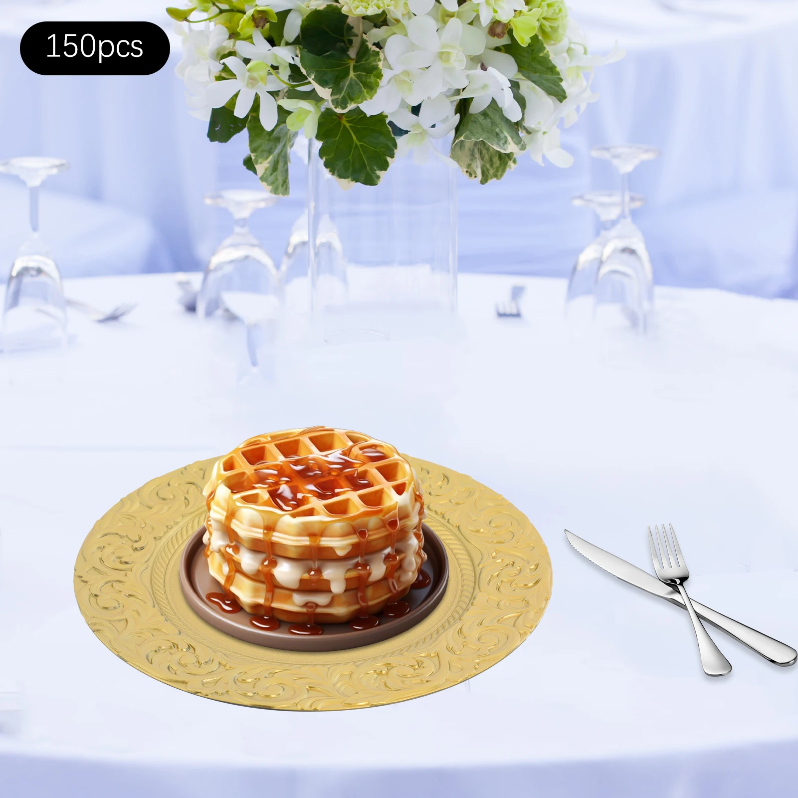 

150 шт. круглых декоративных тарелок для сервировки, 13 дюймов, с цветочным тиснением, золотые пластиковые тарелки для свадеб, банкетов