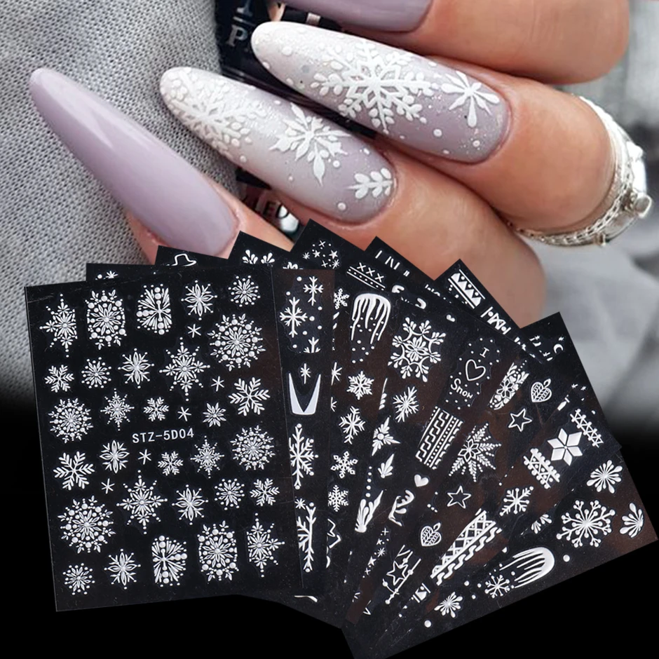 

8pcs 5D White Snowflake Nail Stickers Set Embossed Acrylic Nails Art Decals Decoration Winter Xmas Design Supplies SASTZ5D01-08