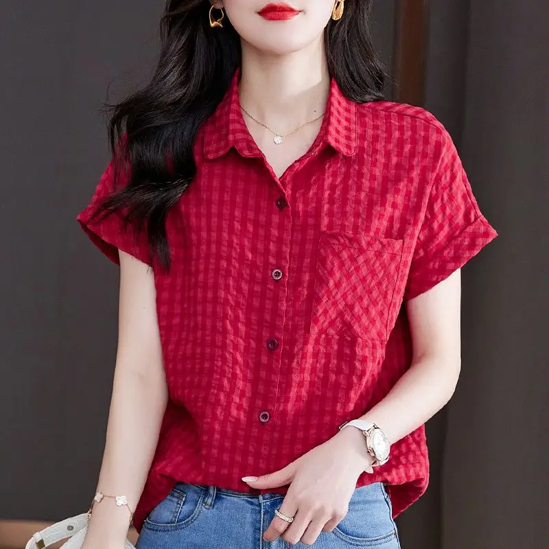 Summer Fashion Vintage Plaid Printing Short Sleeve Shirt Ladies Polo-neck Buttons Pocket Cardigan Top Women Loose Casual Blouse